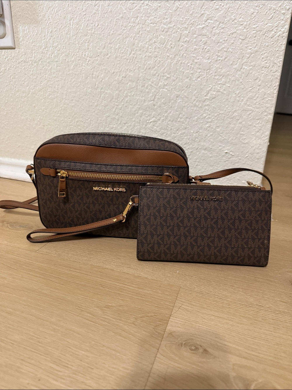 Michael Kors Brown MK Monogram Crossbody with Matching Wristlet